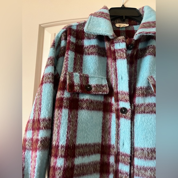 La Miel Jacket Women Small Relaxed Fit Button Blue Burgundy Plaid Travel Shacket - Picture 3 of 8